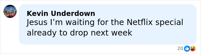 Comment from Kevin Underdown expressing excitement for an upcoming Netflix special about Ice Rink Attacker's family discovery.
