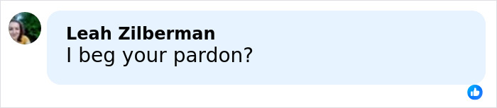 Screenshot of a social media comment reading I beg your pardon with a small profile picture on the left side.