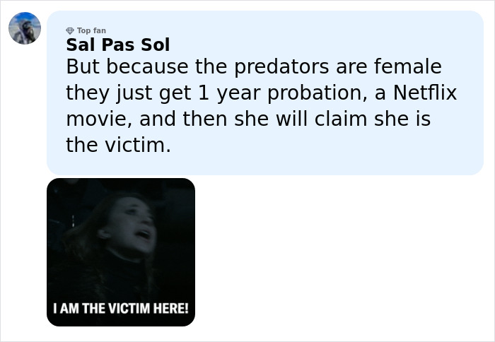 Comment discussing teacher's actions and probation alongside a GIF stating "I am the victim here" related to judge firing back.