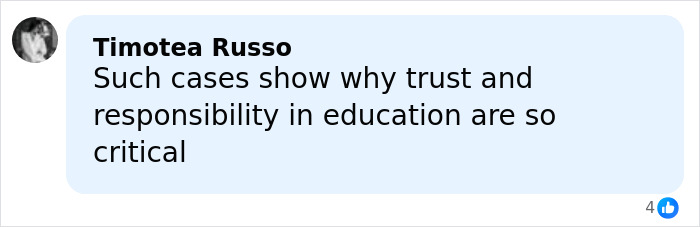 Comment by Timotea Russo emphasizing the importance of trust and responsibility in education related to judge firing back at teacher.