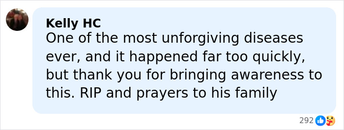 Comment expressing gratitude for raising awareness about ALS and offering prayers to the family affected by the disease.