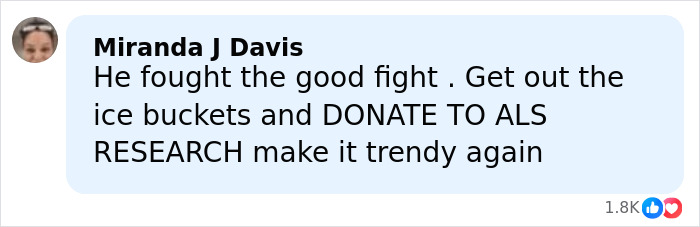 Comment by Miranda J Davis urging donations to ALS research to make it trendy again, displayed on social media.