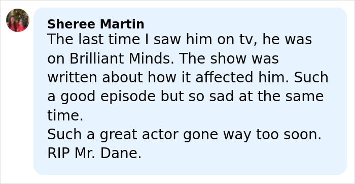 Comment mentioning Eric Dane and reflecting on ALS symptoms, expressing sadness over his health and legacy.