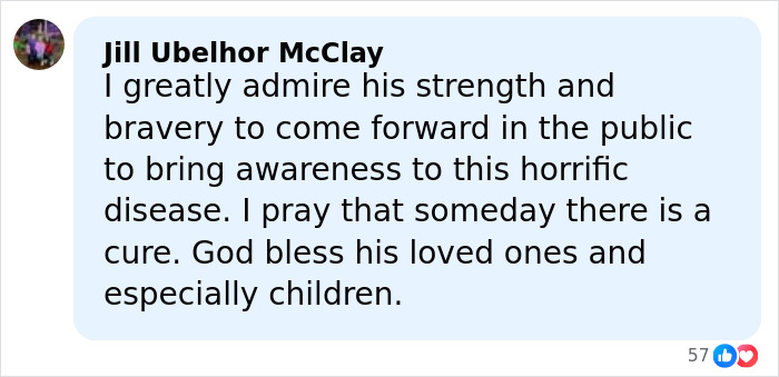 Comment praising strength and bravery to raise awareness about commonly ignored ALS symptoms and hope for a cure.