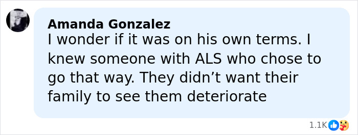 Commenter Amanda Gonzalez discussing personal experiences with ALS and its impact on patients and families in a social media post.