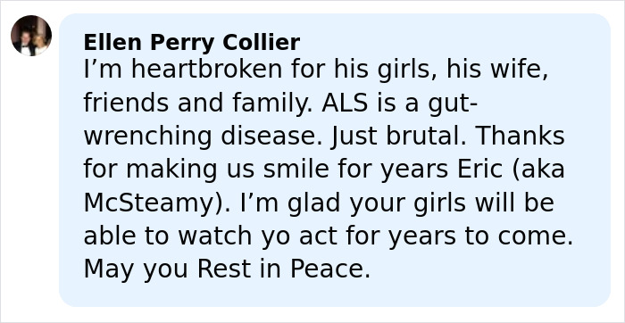 Comment expressing heartbreak over ALS disease and gratitude for Eric Dane’s impact, highlighting commonly ignored ALS symptoms.