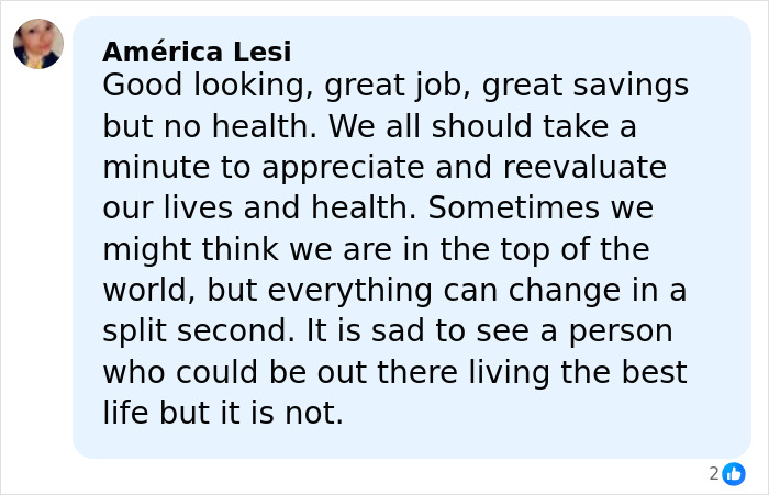 Comment from América Lesi about health and life appreciation, highlighting commonly ignored ALS symptoms awareness.
