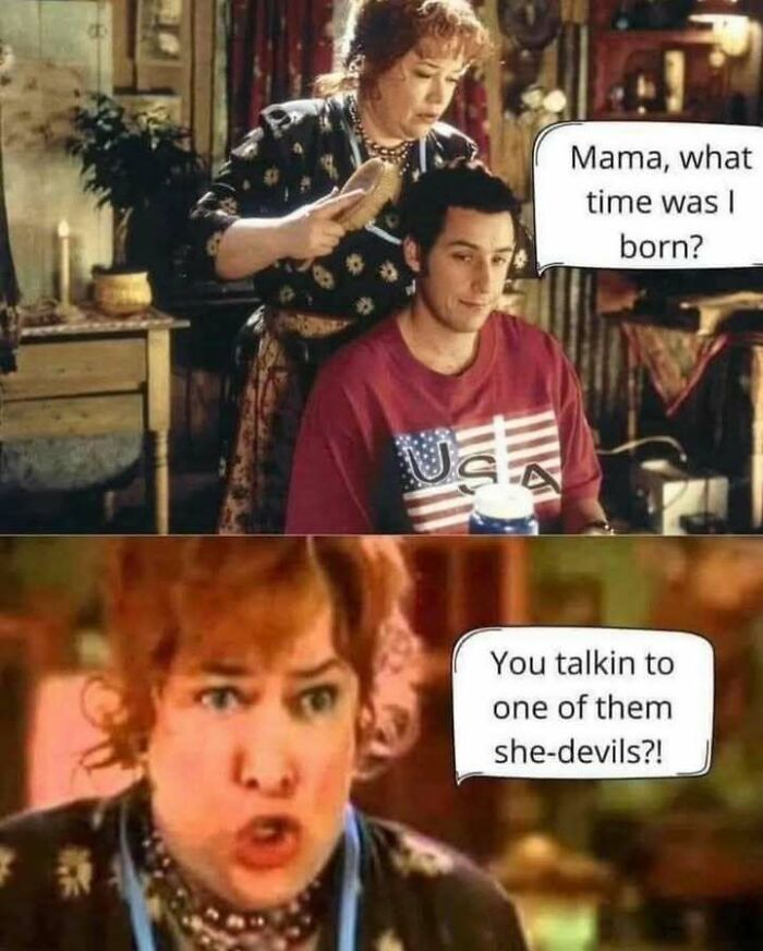 Two-panel meme with a woman brushing a man's hair, asking about his birth time, reacting dramatically to memes humor concept.