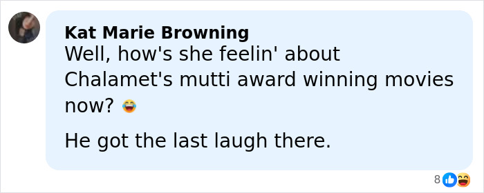 Comment by Kat Marie Browning discussing Timoth&eacute;e Chalamet&rsquo;s movies and reactions in a social media post.