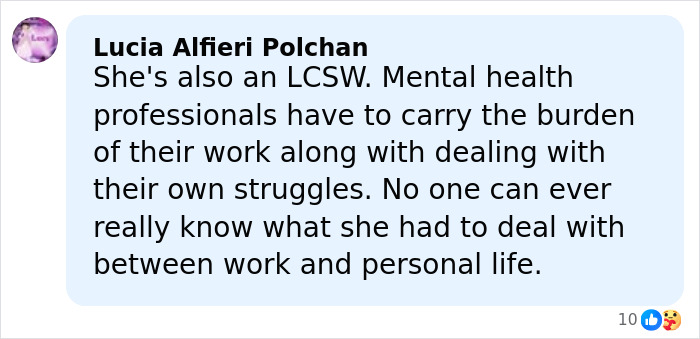 Comment by Lucia Alfieri Polchan discussing mental health challenges faced by professionals balancing work and personal life.