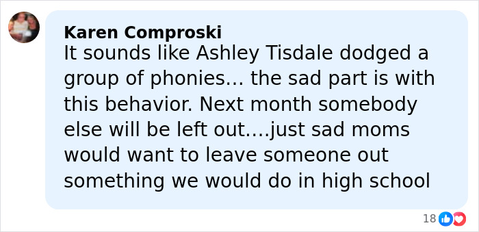 Comment by Karen Comproski sharing opinions on Ashley Tisdale and toxic mom drama related to exclusion behavior.