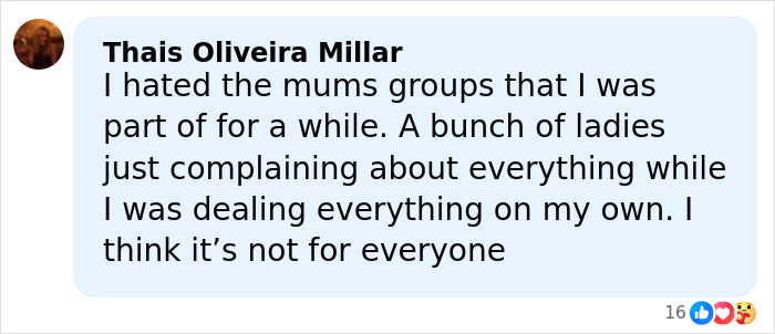 Facebook comment about mums groups with reactions, related to toxic mom drama involving Kaley Cuoco and Ashley Tisdale.