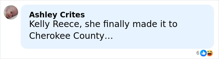 Comment by Ashley Crites mentioning Kelly Reece and Cherokee County, related to town scandalized by boutique owner with changing mugshots.