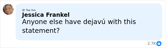 Jessica Frankel commenting on Bill Clinton's fiery statement after Hillary&rsquo;s testimony on Epstein ties, with 2.7K likes.