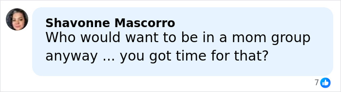Comment from Shavonne Mascorro questioning interest in mom groups, reflecting toxic mom drama and tensions.