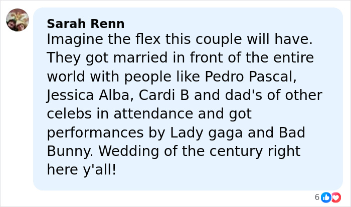 Comment highlighting a celebrity wedding with Bad Bunny's halftime show performance stunning Super Bowl viewers.