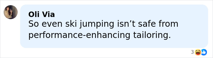 Comment about ski jumping and performance-enhancing tailoring related to manhood scandal in Winter Olympics discussion.