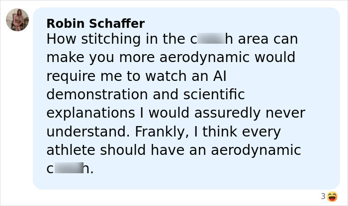 Comment discussing how manhood size impacts aerodynamics and athlete performance in sports, referencing Winter Olympics rules.