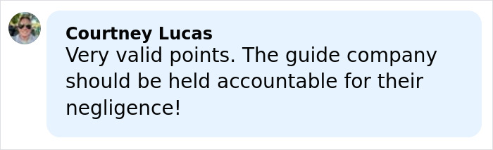 Comment by Courtney Lucas expressing concern over guide company negligence in a tragic incident involving six mothers.