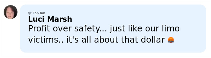 Comment by Luci Marsh expressing concern over safety and profit in relation to limo victims, highlighting a tragic incident involving six mothers.