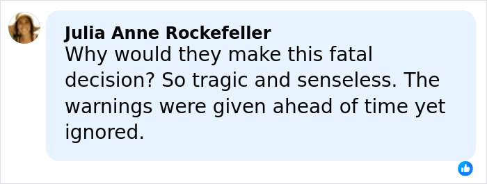 Comment from Julia Anne Rockefeller expressing grief over six mothers who enjoyed time off together and died in a tragic incident.