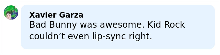 User comment highlighting Kid Rock’s performance issues in the alternative Super Bowl show by Turning Point USA causing backlash online.