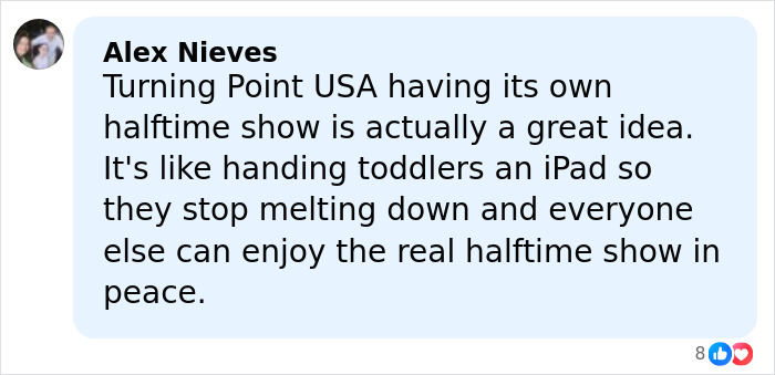 Comment by Alex Nieves supporting Turning Point USA’s alternative Super Bowl show as a peaceful solution during halftime.