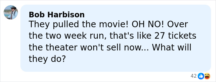 Facebook comment by Bob Harbison reacting to theater’s response after Amazon pulled Melania documentary.