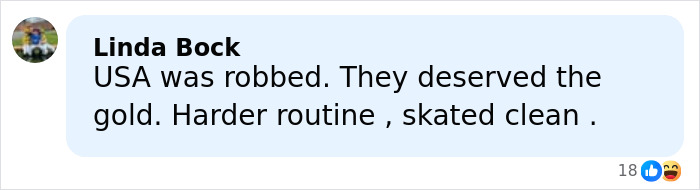 Comment by Linda Bock criticizing an Olympic figure skating win, mentioning a harder routine and clean skate.
