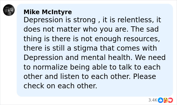 Screenshot of a Facebook comment highlighting the impact of depression and the need for mental health awareness.