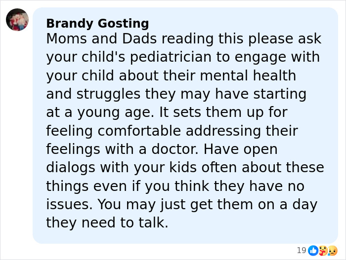 Comment urging parents to discuss mental health with children early, linked to harrowing 911 audio after Katherine's tragic loss.
