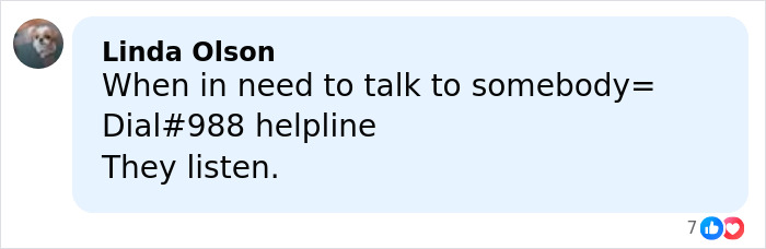 Comment from Linda Olson about dialing helpline 988 for support, related to harrowing 911 audio after Katherine Short tragedy