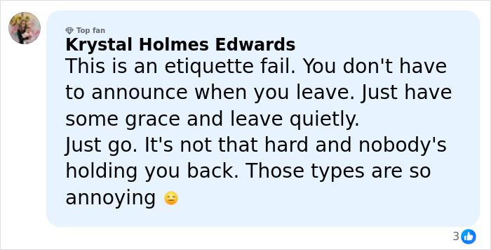 Screenshot of social media comment about etiquette fail, related to toxic mom drama involving Kaley Cuoco&rsquo;s explosive attack on Ashley Tisdale.