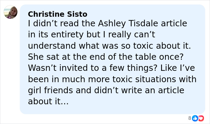Comment from Christine Sisto discussing the toxic mom drama involving Kaley Cuoco and Ashley Tisdale.