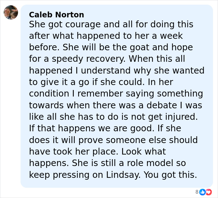 Alt text: Caleb Norton’s supportive comment on Lindsey Vonn’s recovery and backlash after her Olympics accident update