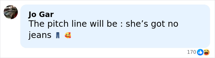 Comment about marketing pitch line in a casual chat, referencing fashion and jeans with emojis.