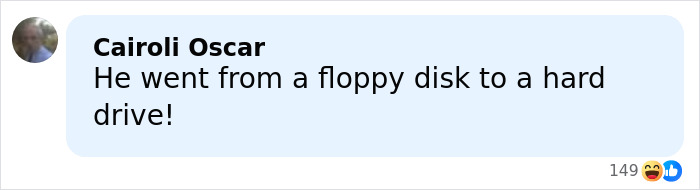 Comment by Cairoli Oscar saying he went from a floppy disk to a hard drive, sparking comic reactions online.