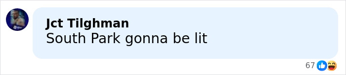 Comment by Jct Tilghman saying South Park gonna be lit with reaction icons beneath the text, related to Stephen Hawking's family's explanation for raunchy pics in Epstein files.