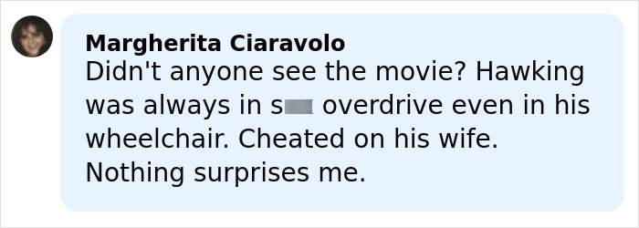 User comment criticizing Stephen Hawking, sparking comic reactions about Epstein files and family explanations.