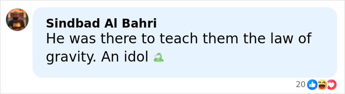 Comment by Sindbad Al Bahri saying he was there to teach the law of gravity, referencing Stephen Hawking's family and Epstein files.