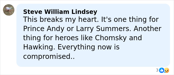 Comment by Steve William Lindsey expressing heartbreak over Stephen Hawking's name being compromised in Epstein files.