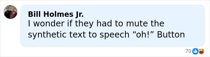Text message from Bill Holmes Jr. humorously questioning muting synthetic text-to-speech amid reactions to Stephen Hawking's family explanation.