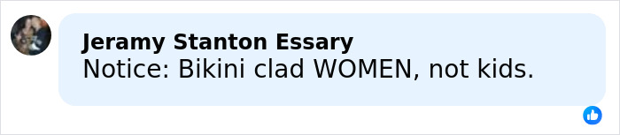 Comment by Jeramy Stanton Essary stating Notice Bikini clad women not kids on social media post about Stephen Hawking family's explanation.
