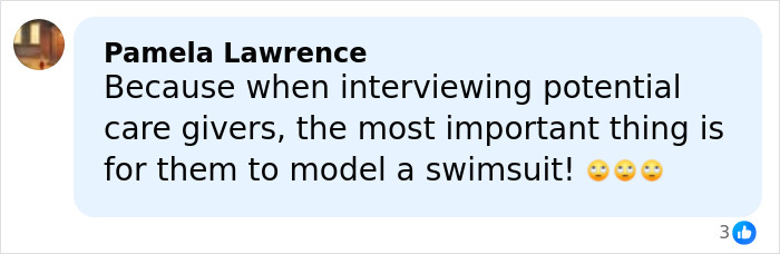 Comment by Pamela Lawrence joking about caregivers modeling swimsuits, reflecting comic reactions to Stephen Hawking's family explanation in Epstein files.