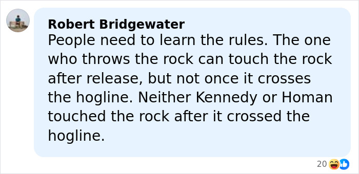 Comment by Robert Bridgewater explaining curling rules related to rock touching after release in an Olympics context.