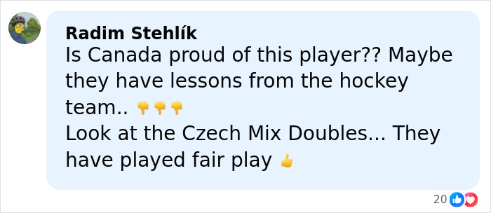 Comment criticizing Canada’s player and praising Czech Mix Doubles for fair play amid Olympics cheating accusations.