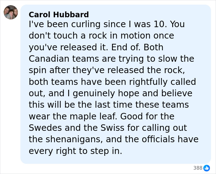 Comment discussing accusations of cheating against Canadian curling teams at the Olympics and calls for official intervention.