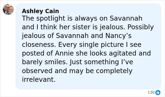 Screenshot of a social media comment discussing Savannah Guthrie&rsquo;s family dynamics with focus on missing mom case.
