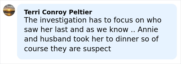Comment by Terri Conroy Peltier discussing suspects in missing person case, focusing on last people seen with missing mom.