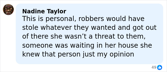 Facebook comment by Nadine Taylor discussing a personal opinion on robbers and a missing mom case suspects.